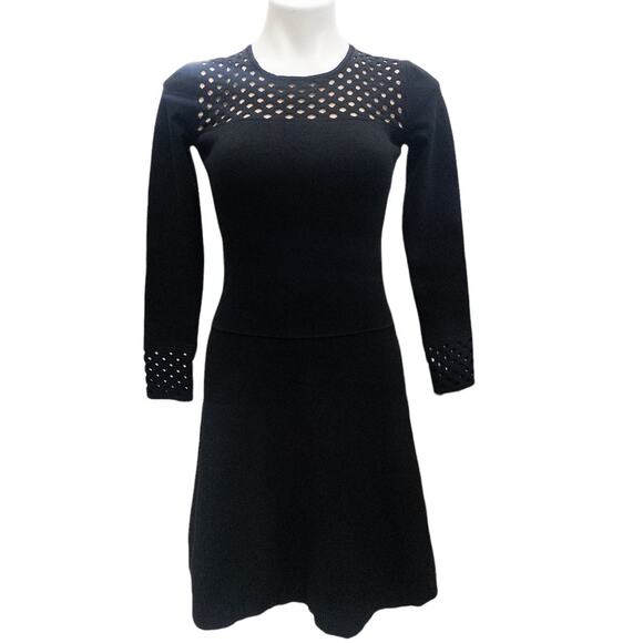 Authentic Fendi Black Knit Perforated Detail A Line Dress Stretchy Long Sleeve - Picture 1 of 10